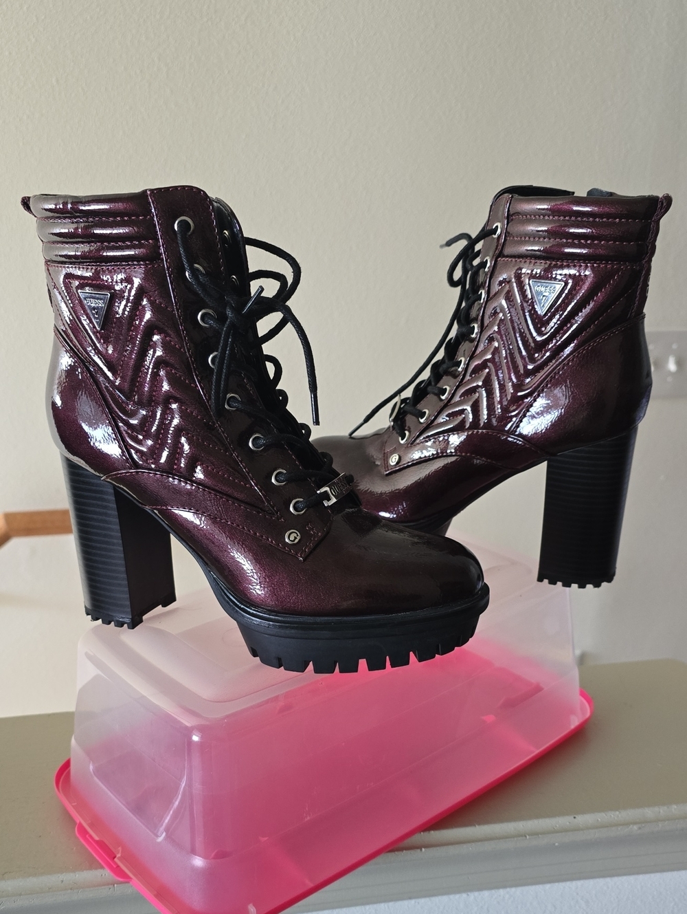 Guess Women's Glossy Burgundy Lace-Up Block Heel Boots